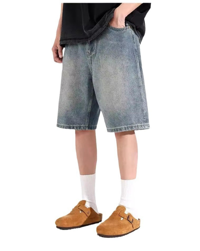 All-match Loose Straight Sports Shorts Washed Overalls Denim Shorts