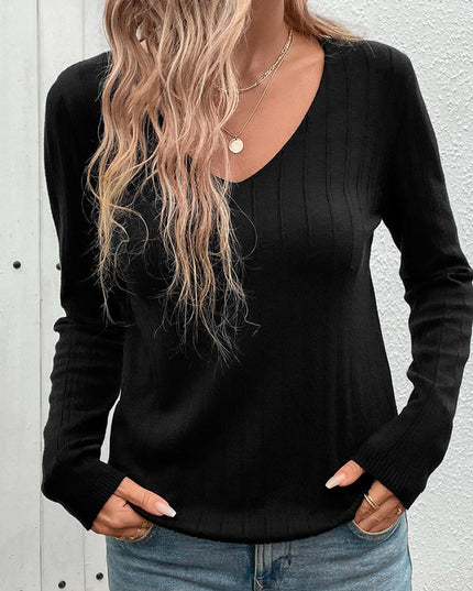 European And American Fall Women's Clothing Sunken Stripe V-neck Black Sweater For Women