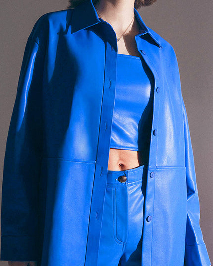 Fashion Long Sleeve Women's PU Shirt Leather Coat
