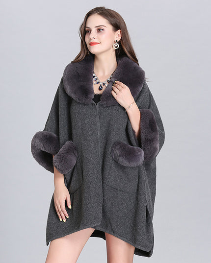 Ladies Fur Collar Lapel Pocket Wool Cardigan Jacket