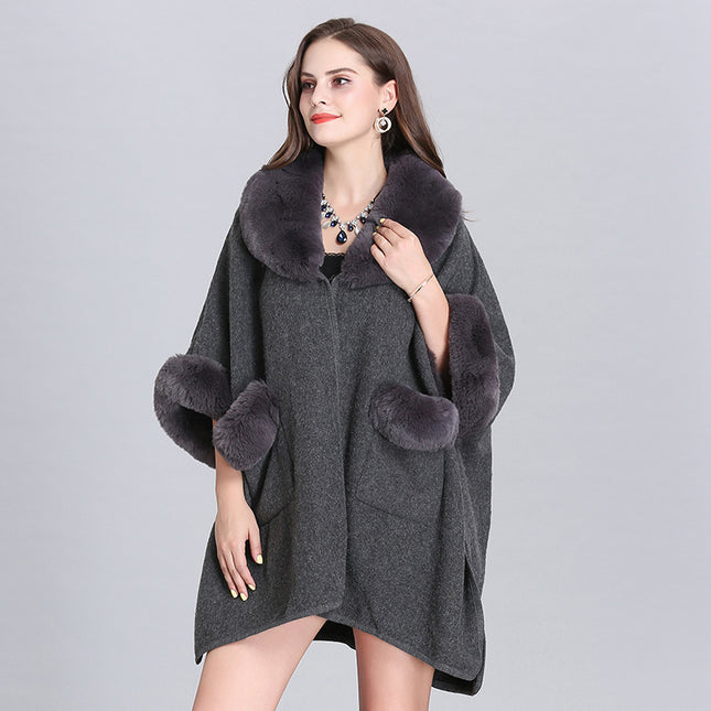 Ladies Fur Collar Lapel Pocket Wool Cardigan Jacket