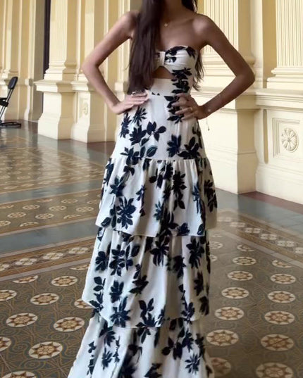 Strapless Printed Ruffle Maxi Dress