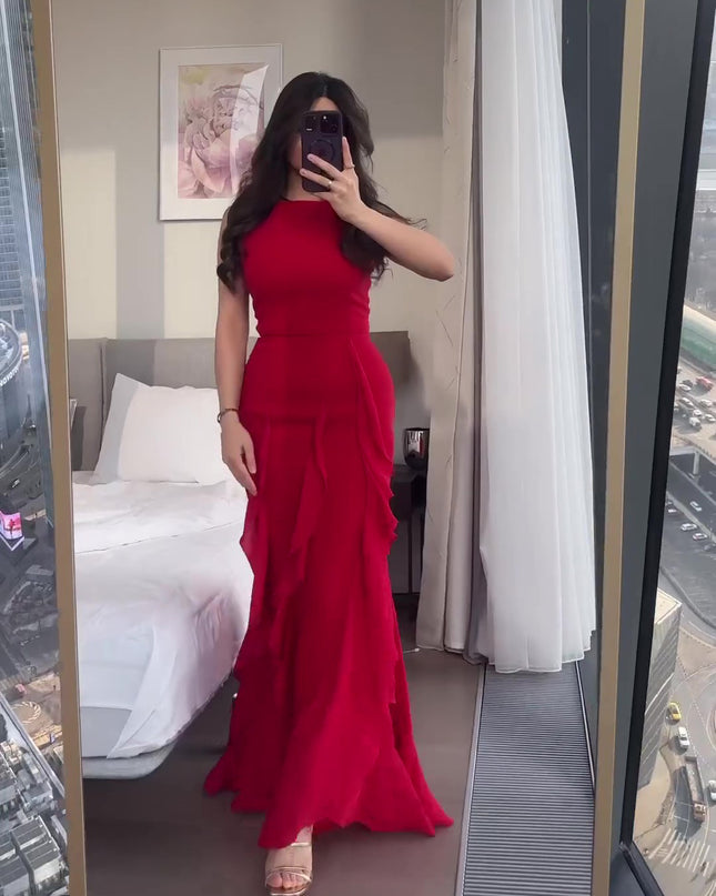 Red Ruffled Sleeveless Maxi Dress