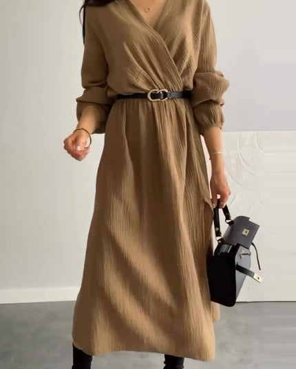 Fashion Long Sleeve Solid Color Waist Tight Dress