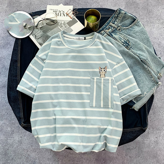 Men's Striped short sleeve T-shirt fat trend to add fat