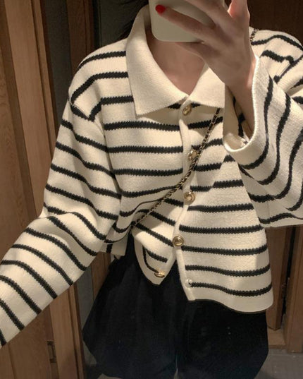 South Korea Chic Winter Retro Anti-aging Lapel Contrast Color Striped Jacquard Metal Button Long Sleeve Knitted Sweater Coat