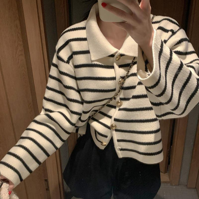 South Korea Chic Winter Retro Anti-aging Lapel Contrast Color Striped Jacquard Metal Button Long Sleeve Knitted Sweater Coat