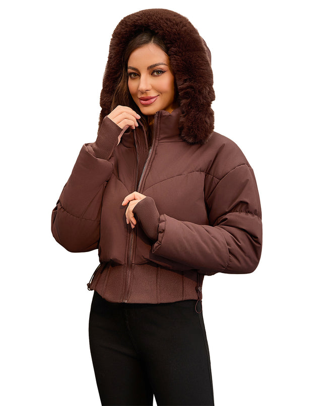 Women's Hooded Large Fur Collar Short Cotton Jacket