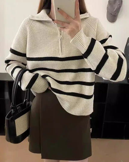 Casual Half Zipper And Lapel Coat Women's Striped Long-sleeved Sweater