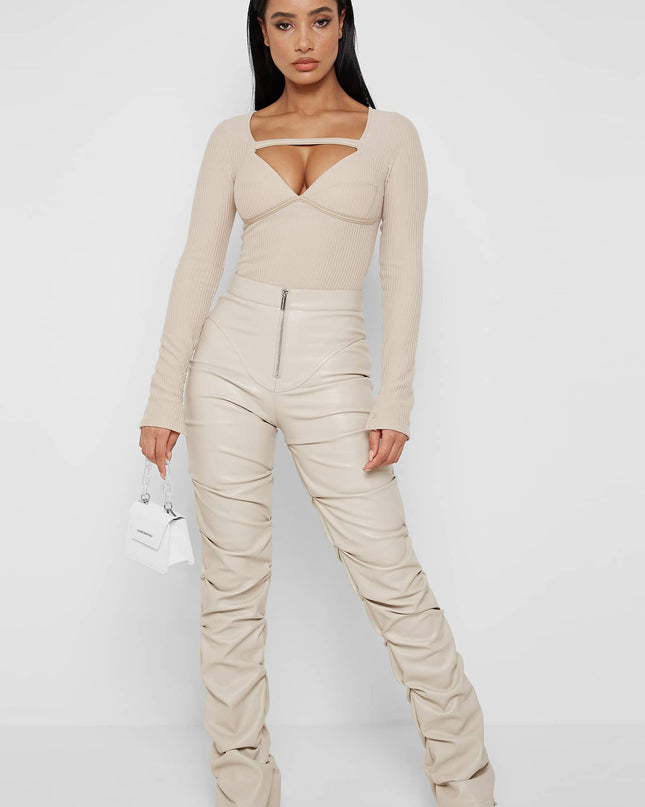 European And American Fashion Tight PU Leather Trousers Personalized Shrinkage Bootcut Trousers Women