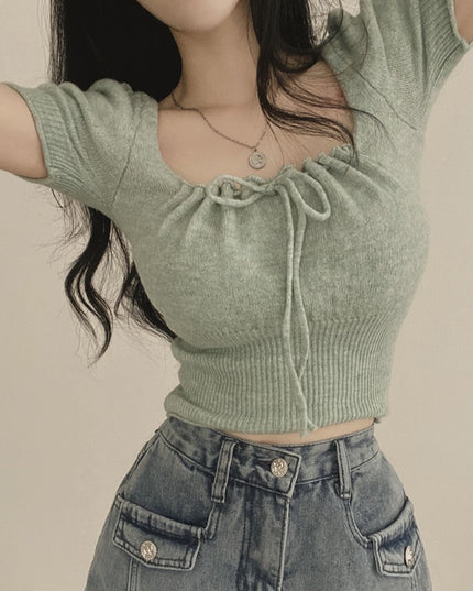 Square Collar Drawstring Short Knitwear Slim Top