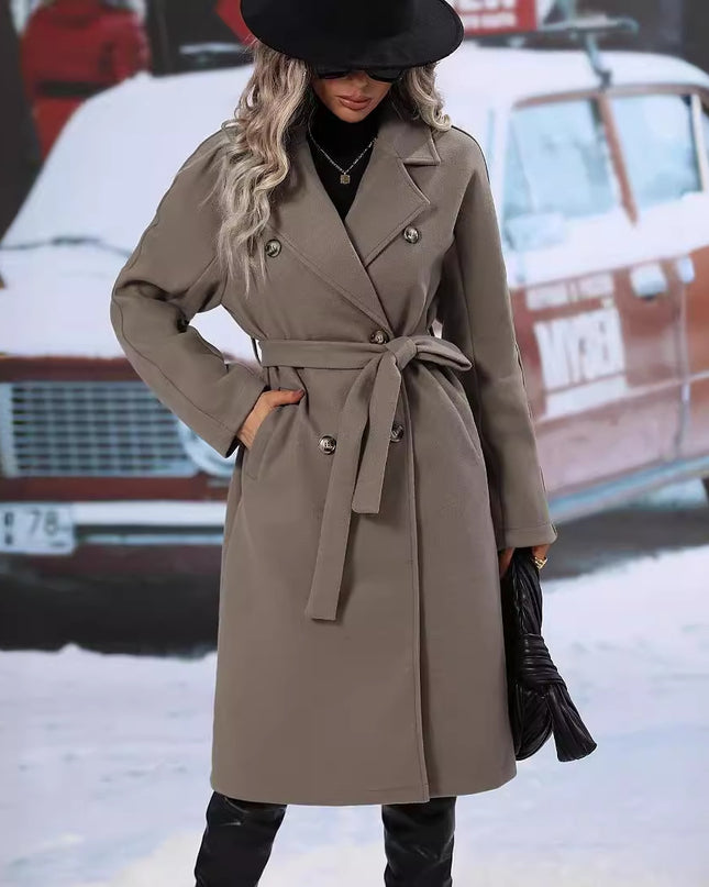Autumn And Winter Solid Color Double Breasted Lace-up Woolen Coat