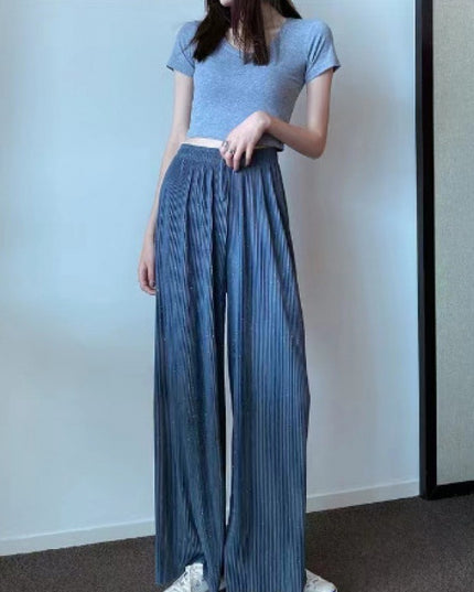 Loose Straight Pleated Ice Silk Leggings Draped Pants Thin High Waist