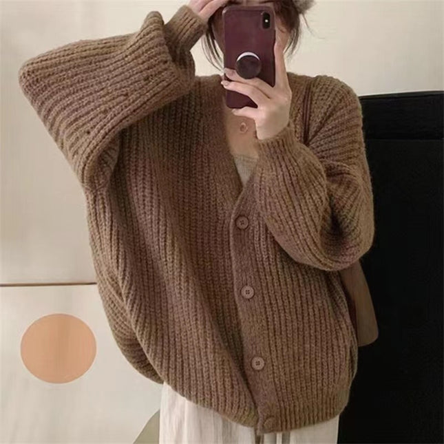 V-neck Knitted Cardigan Women's Thick Needle Loose Sweater