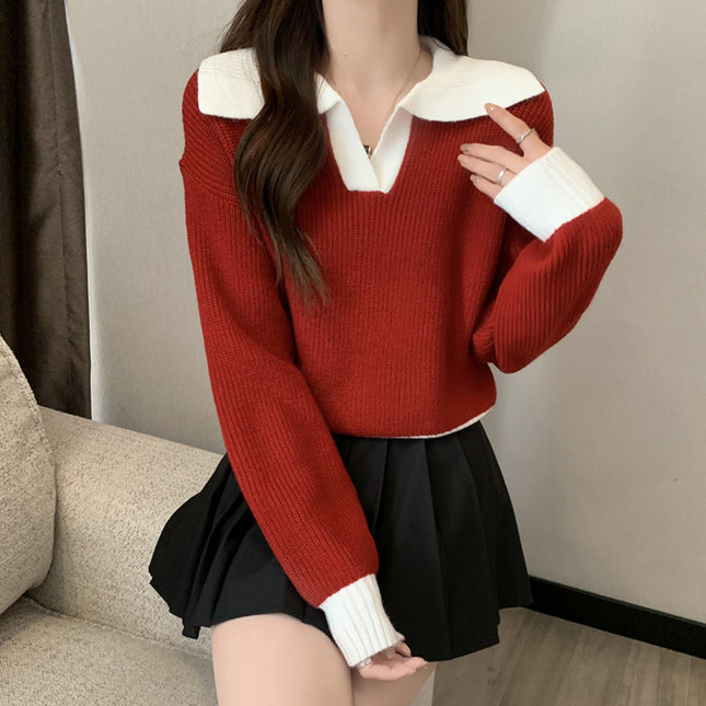 Contrast Color Polo Collar Soft Glutinous Sweater Women's Autumn And Winter