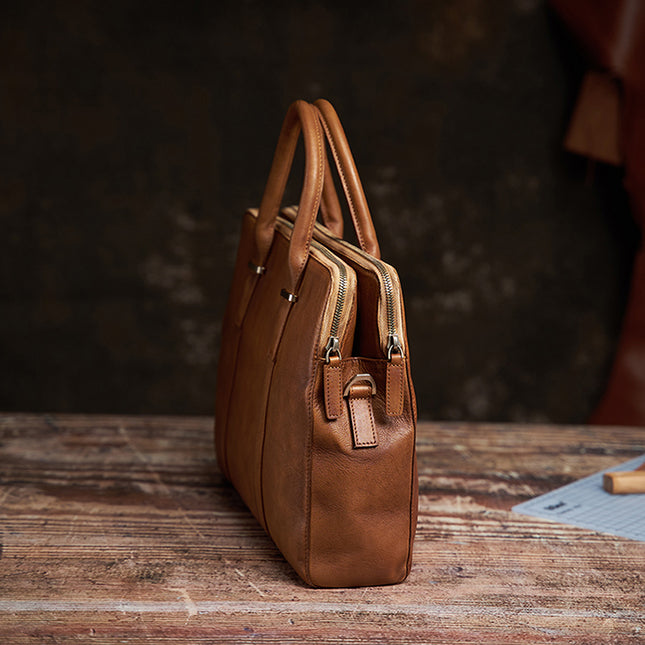 Vintage Vegetable-Tanned Leather Men’s Handbag | First Layer Cowhide Business & Casual Bag