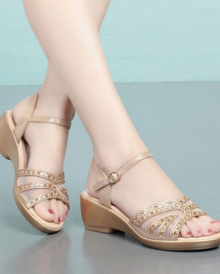 Women's Summer Chunky Mid Wedge Sandals With One Line Buckle Heels