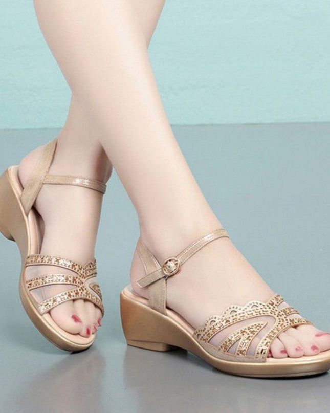 Women's Summer Chunky Mid Wedge Sandals With One Line Buckle Heels