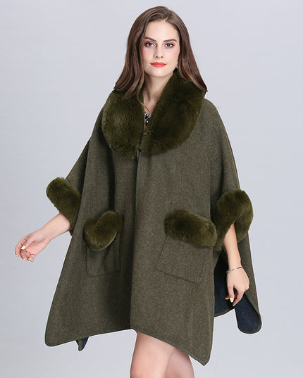 Ladies Fur Collar Lapel Pocket Wool Cardigan Jacket