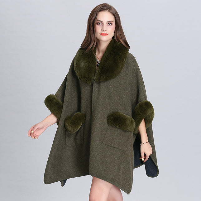 Ladies Fur Collar Lapel Pocket Wool Cardigan Jacket