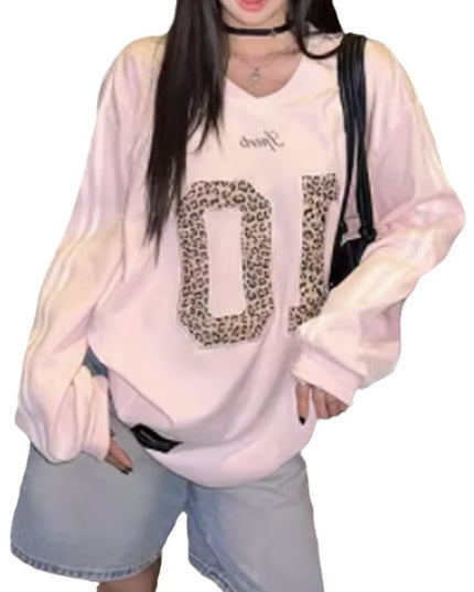 Leopard Print Letter Long-sleeved Sweater Sports Retro Style Loose Hot Girl Top