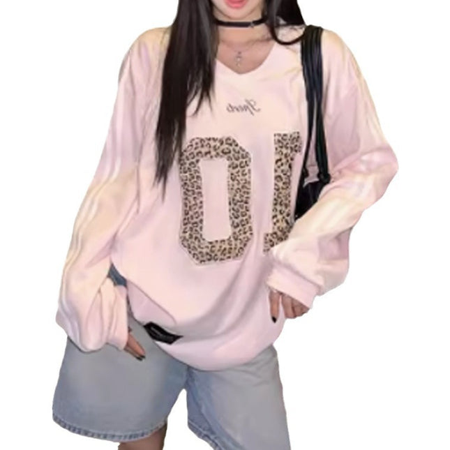 Leopard Print Letter Long-sleeved Sweater Sports Retro Style Loose Hot Girl Top