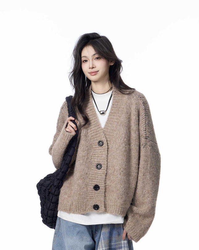 V-neck Knitted Cardigan Coat Women's Idle Style Loose Sweater
