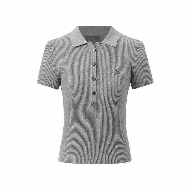 Knitted Preppy Style Polo Collar Tencel Linen Short Sleeve