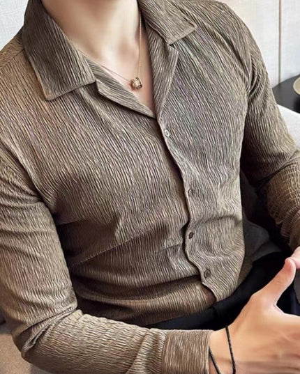 High-grade Cuban Collar Pleated Shirt Men's Long Sleeve