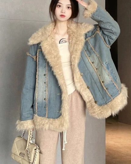 Denim Fur Collar Coat Women's Winter Hong Kong Style Vintage Top