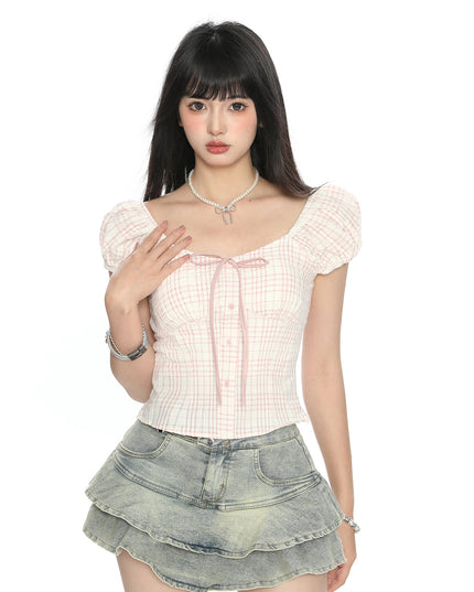 Women's Puff Sleeve Bow Bandage Short-sleeved T-shirt