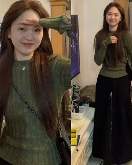 Retro Sunken Stripe Long-sleeved Fallwinter Slim Slim Looking Base Versatile Top Sweater