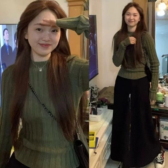 Retro Sunken Stripe Long-sleeved Fallwinter Slim Slim Looking Base Versatile Top Sweater