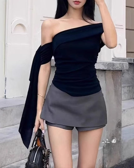 Navy Blue Ribbon Off-shoulder Short Sleeve