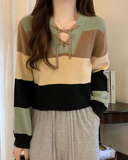 V-collar Contrast Color Short Long-sleeved Sweater Women's Striped Binding Rope Slimming Slim Fit Petite Top
