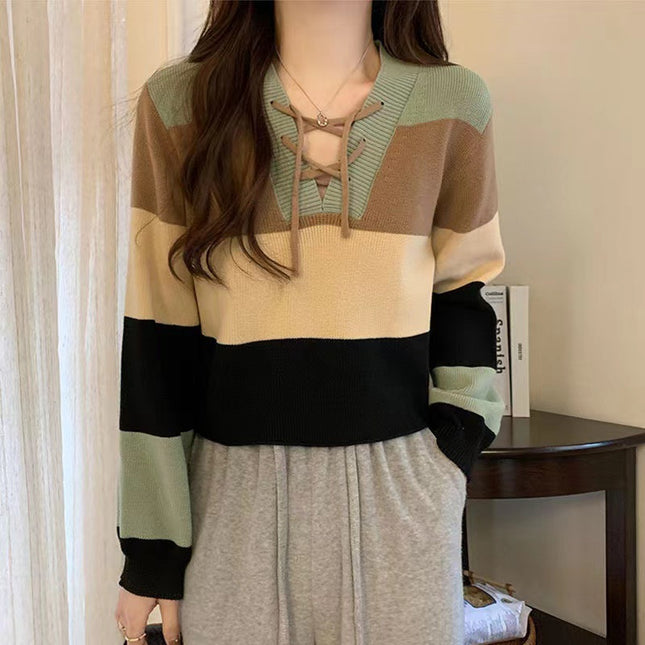 V-collar Contrast Color Short Long-sleeved Sweater Women's Striped Binding Rope Slimming Slim Fit Petite Top