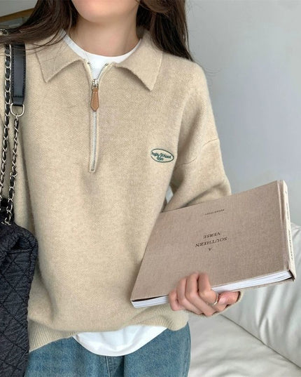 Korean Style Simple Polo Collar Zipper Inner Knitted Sweater