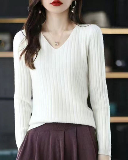 Slim V-neck Pullover Long Sleeve Knitted Sweater