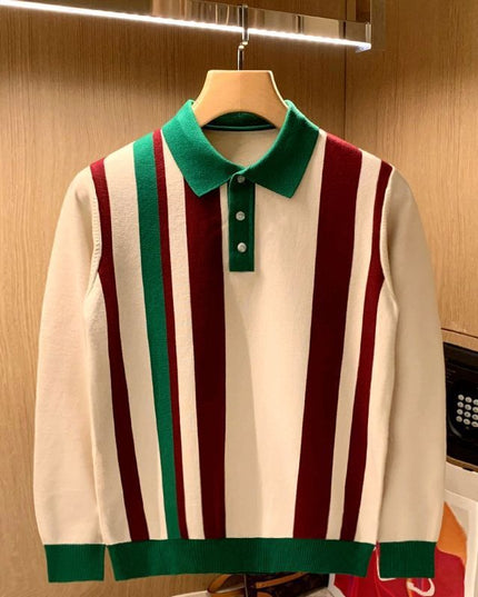 Young Vertical Striped Knitted Long Sleeve Color Matching Lapel Sweater