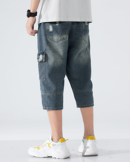 Men's Loose Elastic Waist Printed Cropped Jeans
