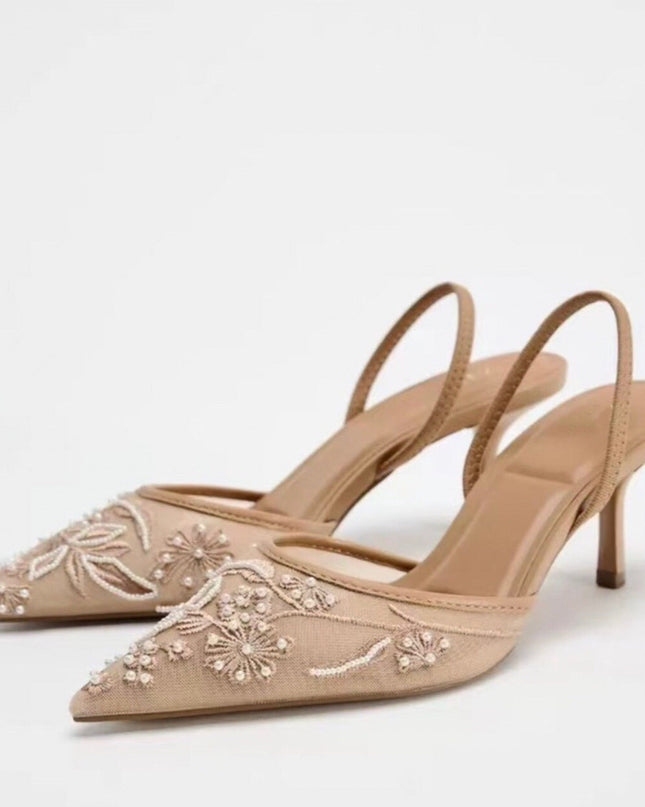 Spring New Product  Women's Rear Strap Embroidered Mesh High Heels