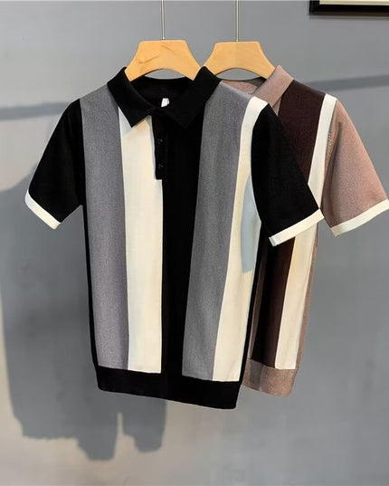 Short Sleeve Men's Vintage Stripe Personality Zipper Half Sleeve