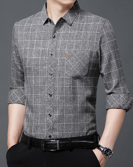 Linen-like Plaid Long-sleeved Shirt For Middle-aged Men
