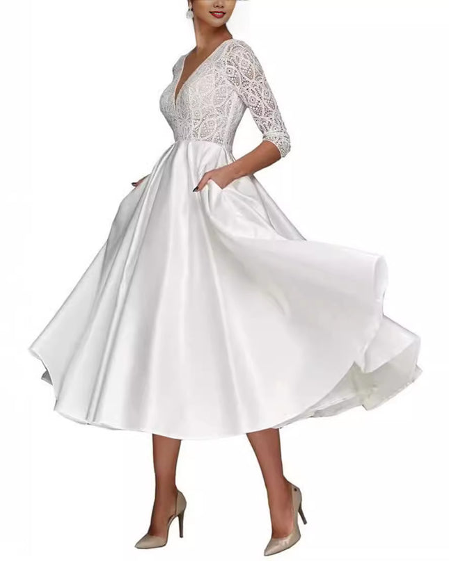 Bridal Deep V-neck Slim Lace Mid-length Long Sleeve Wedding Dress