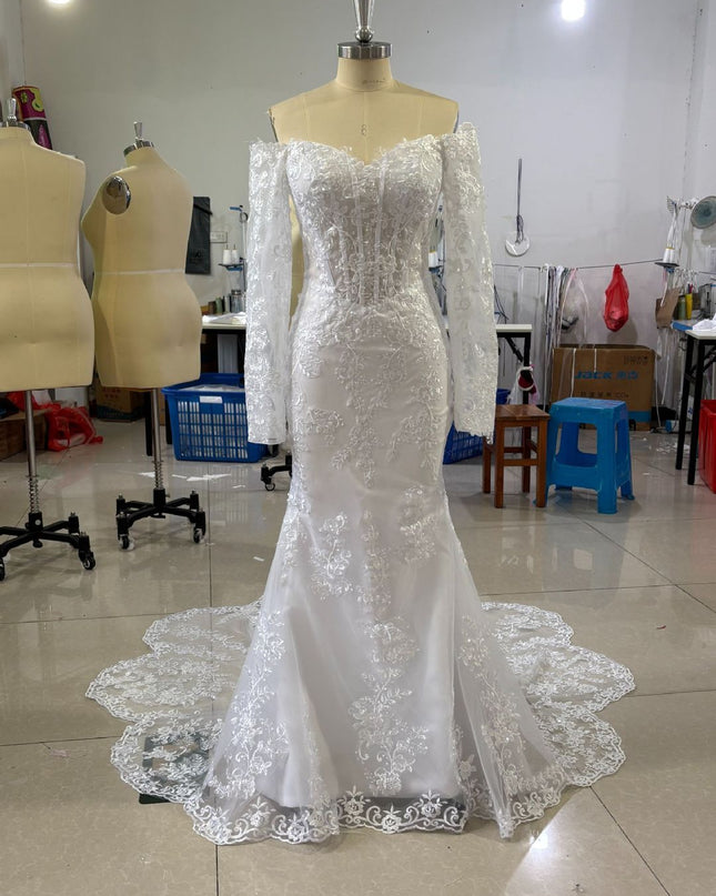 Off-shoulder Lace Long Sleeve Fishtail Gown