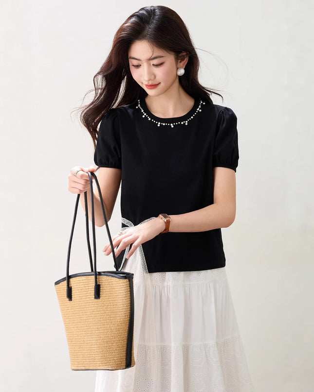 Round Neck Design Bow Beaded Short Top