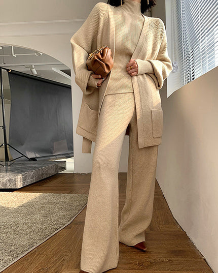 Women's Knitted Wide-leg Pants Sweater Cardigan Three-piece Set