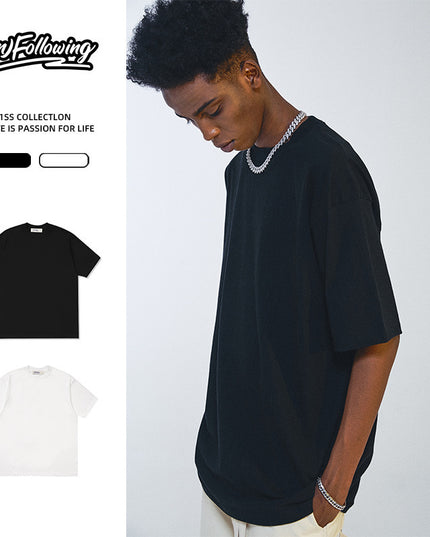 Small Collar Heavy Bottoming Shirt American High Street Solid Color Round Neck Short Sleeves