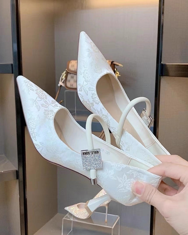 Pointed Toe Chinese Style Embroidery Low-cut High Heels Women's Stiletto Heel