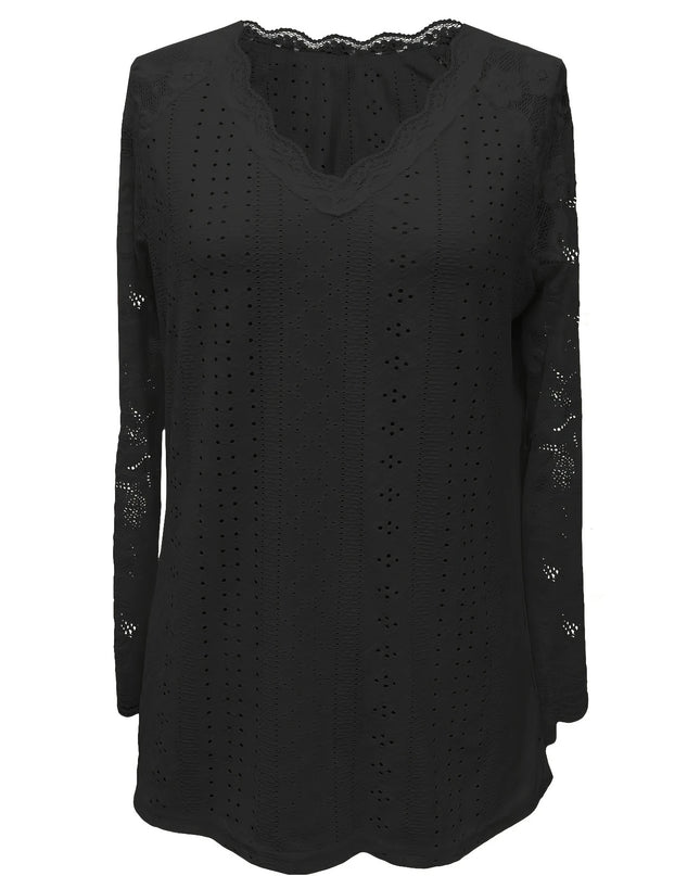 Contrast Lace V-neck Eyelet T-Shirt
